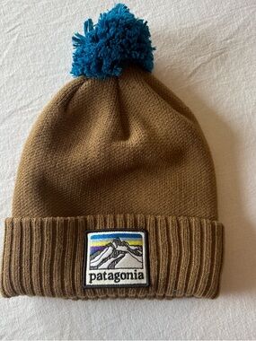Patagonia Brown Knit Beanie with Teal Pom